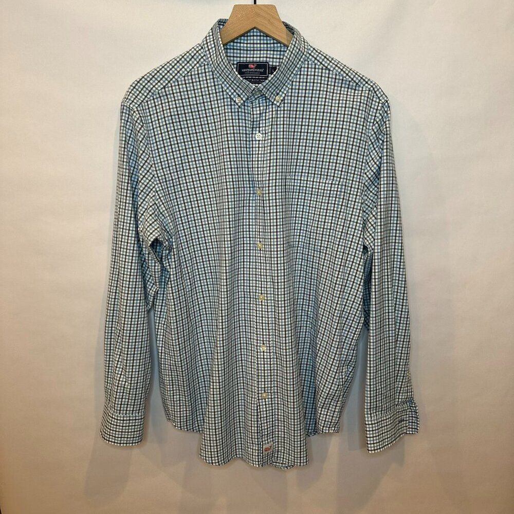 Vineyard vines, performance classic fit Murray shirt, blue white plaid L